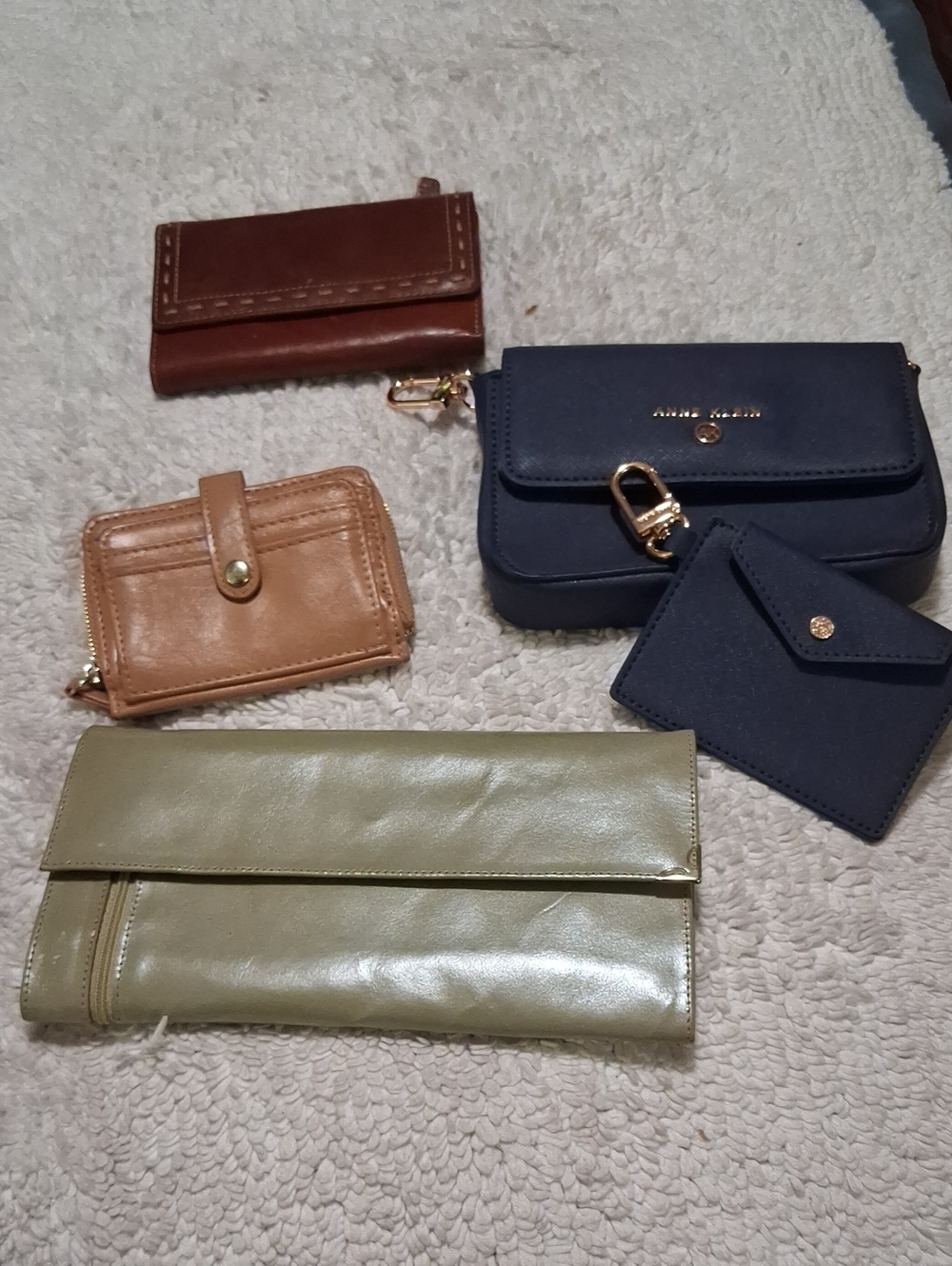 Anne Klein Navy Mini Bag with Olive Foldover Clutch and Tan Cardholders